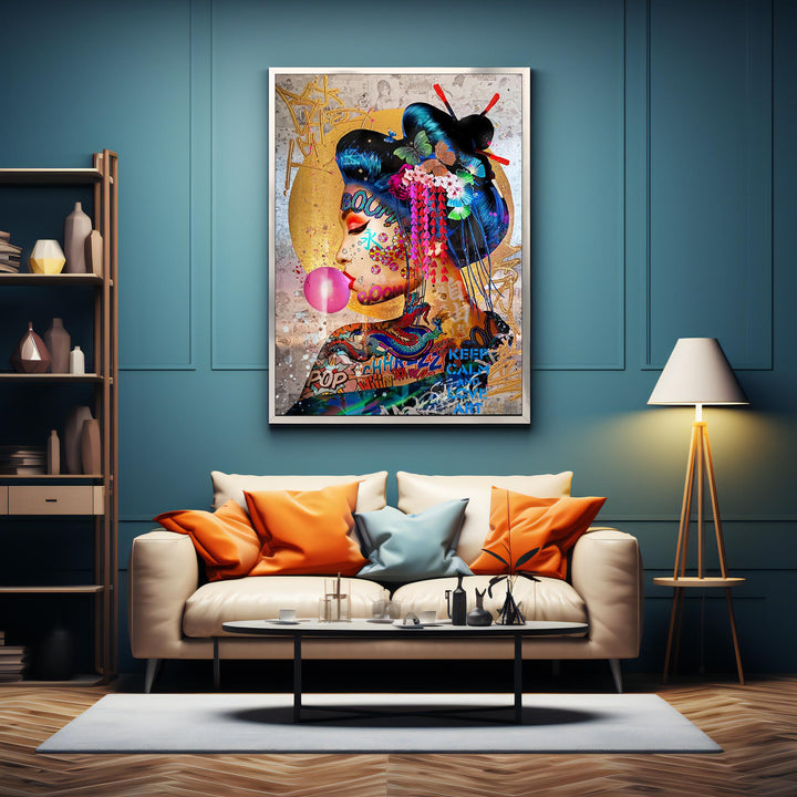 Premium stretched canvas art, ready to hang, bold geisha graffiti design