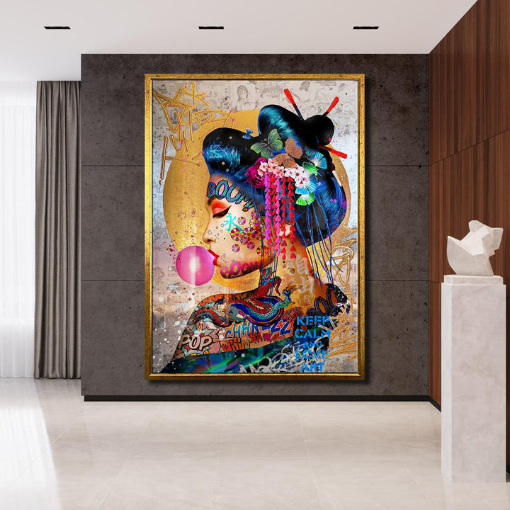 Geisha street art wall art displayed in a modern living room