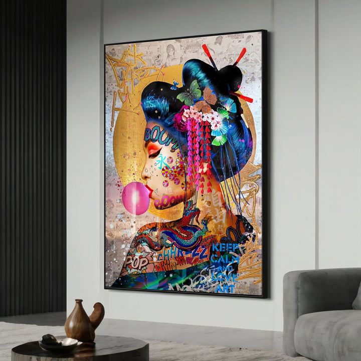 Vibrant geisha pop art canvas with graffiti accents in bold colors