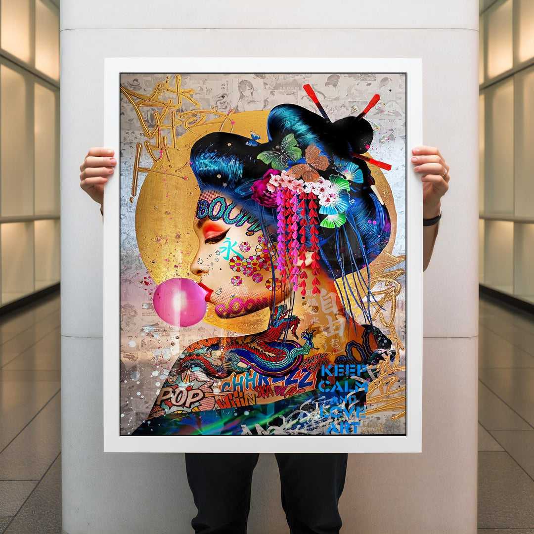 Gallery-quality geisha pop art canvas with neon graffiti strokes