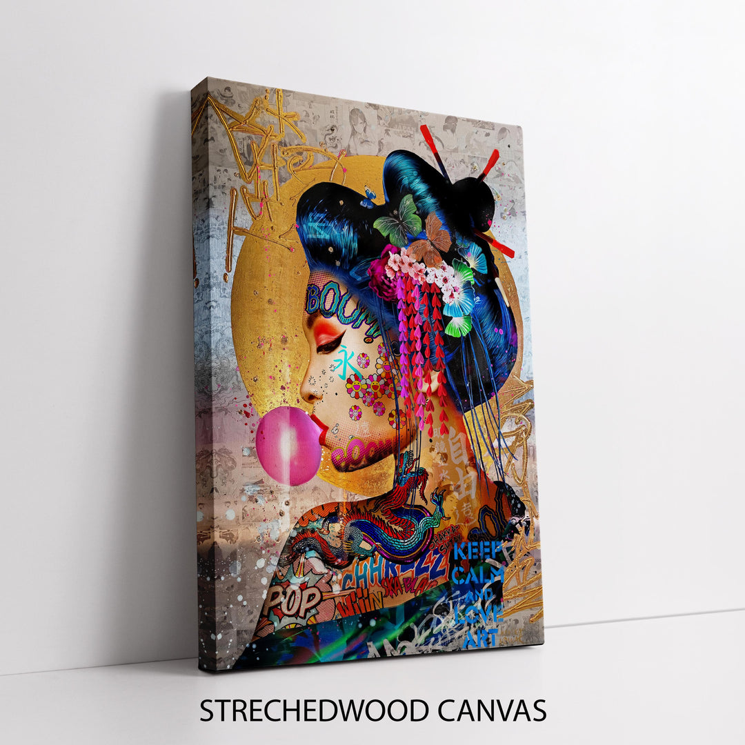 Close-up detail of graffiti texture on geisha portrait on canvas
