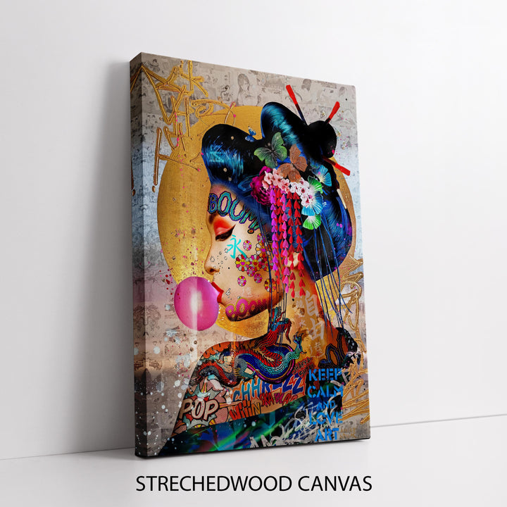 Close-up detail of graffiti texture on geisha portrait on canvas