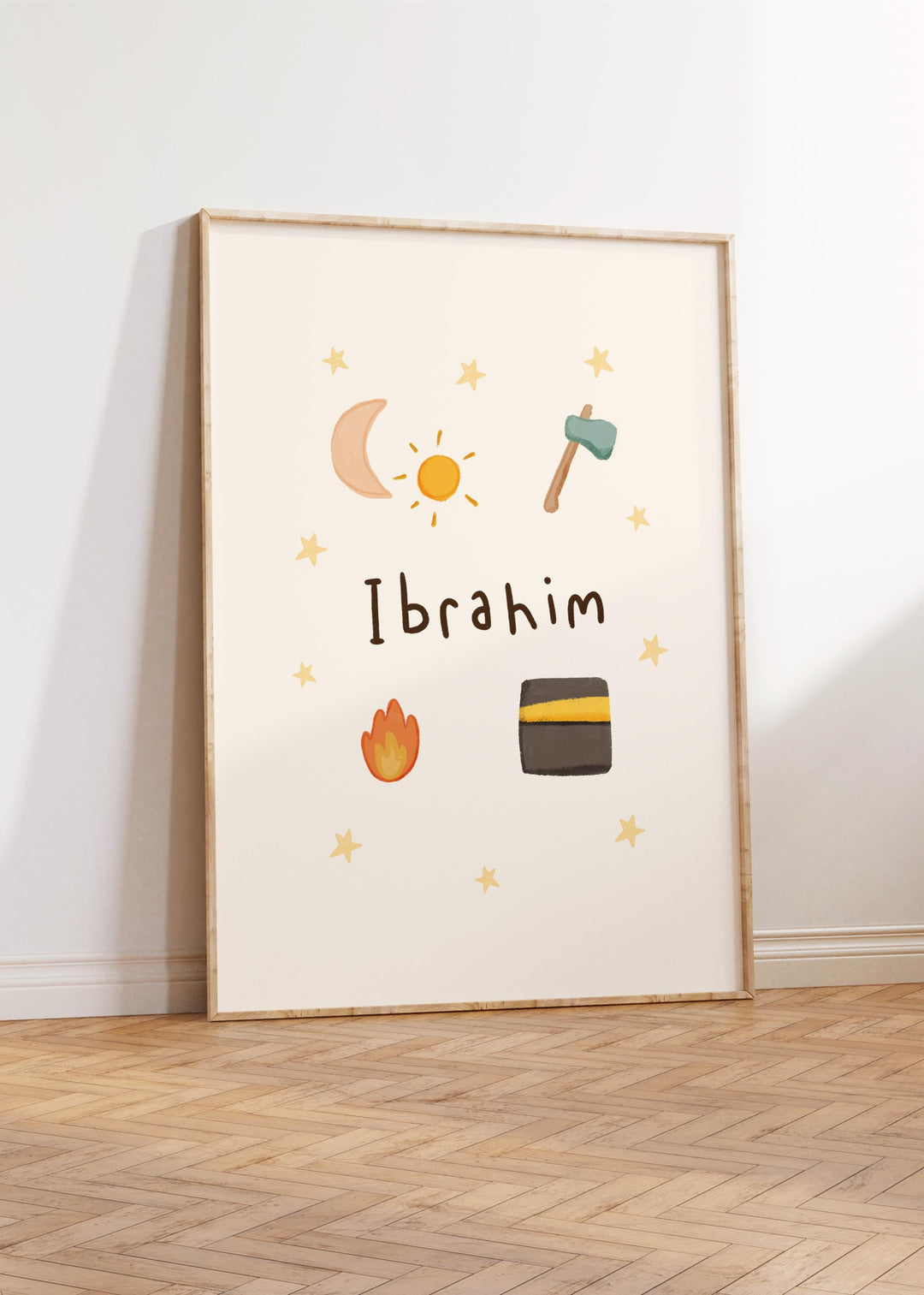Nursery wall art depicting Prophet Story with Ibrahim name, vibrant colors