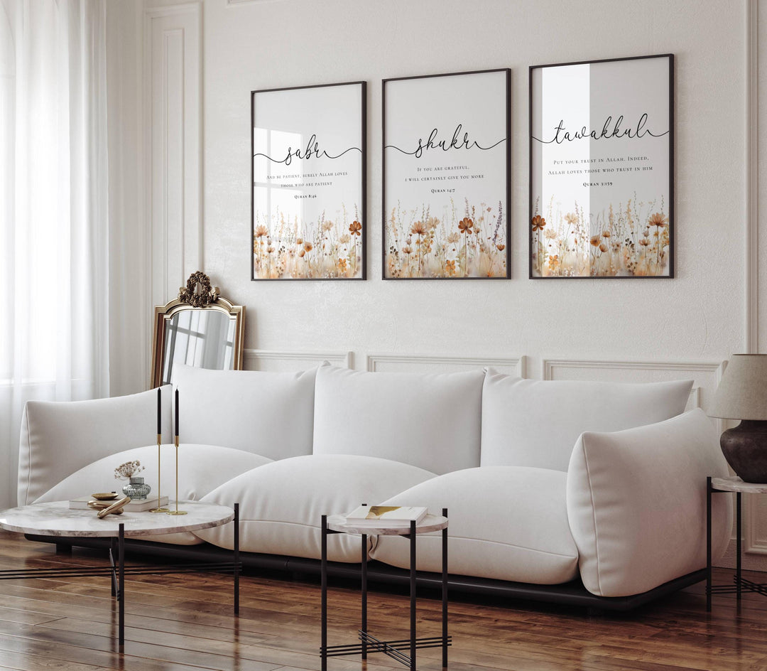 islamic wall art trio on archival paper with vibrant florals