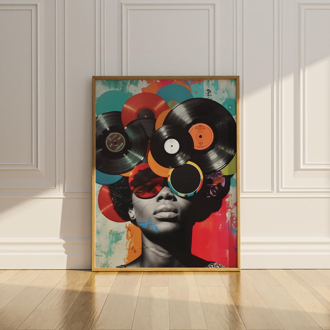 Colorful vintage vinyl record collage wall art with retro music vibes