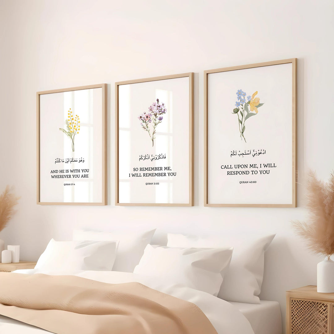 Three-panel Quran quotes wall art set with floral accents, ready to hang