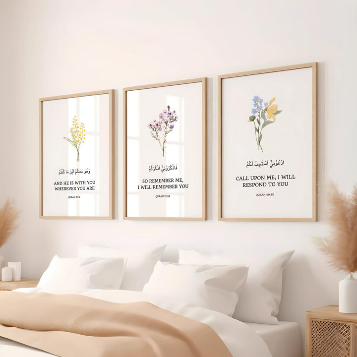 Three-panel Quran quotes wall art set with floral accents, ready to hang