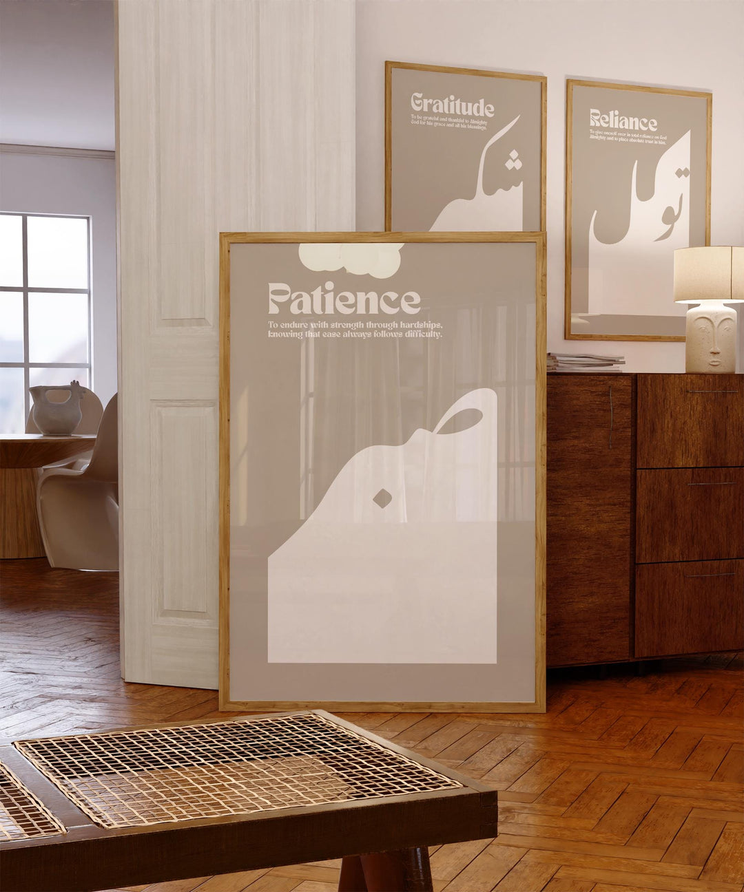 Arrangement showing all three posters styled in a boho living room with plants