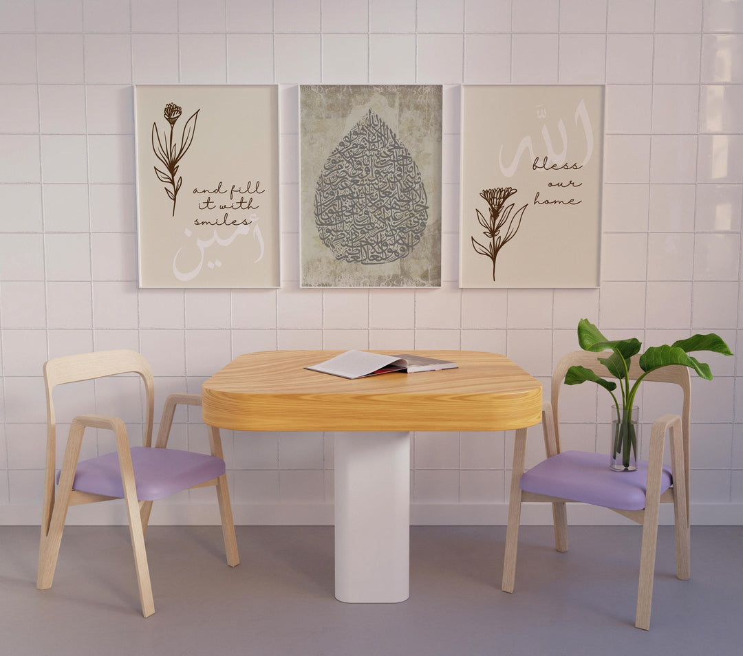 Three-panel wall display arranged for living room