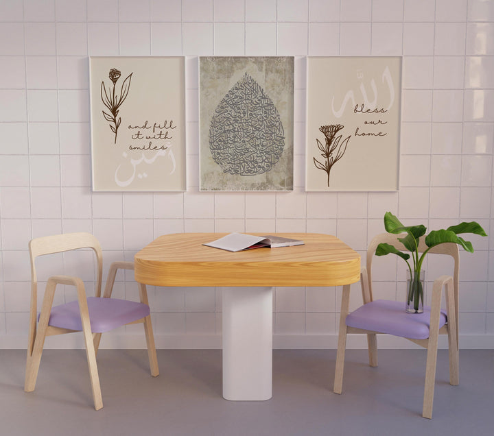 Three-panel wall display arranged for living room