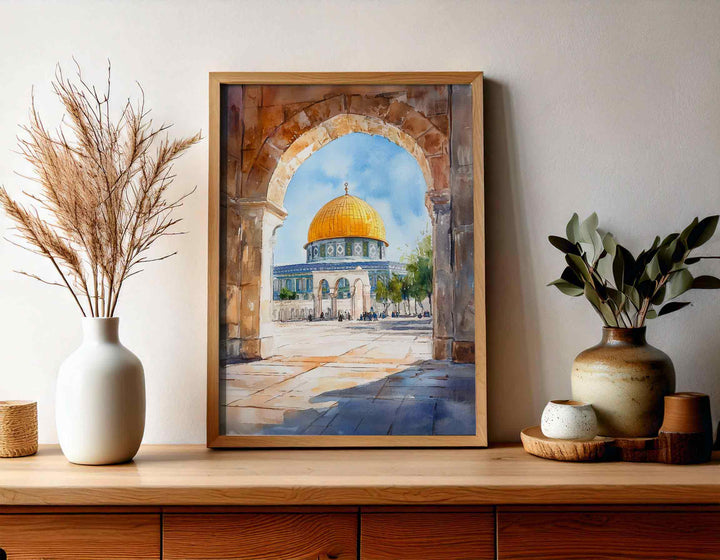 Islamic architectural archway watercolor poster with soft tones