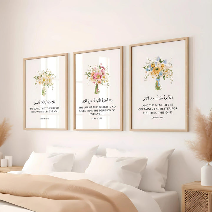 Three-panel Quran verses wall art with delicate floral borders in a premium print
