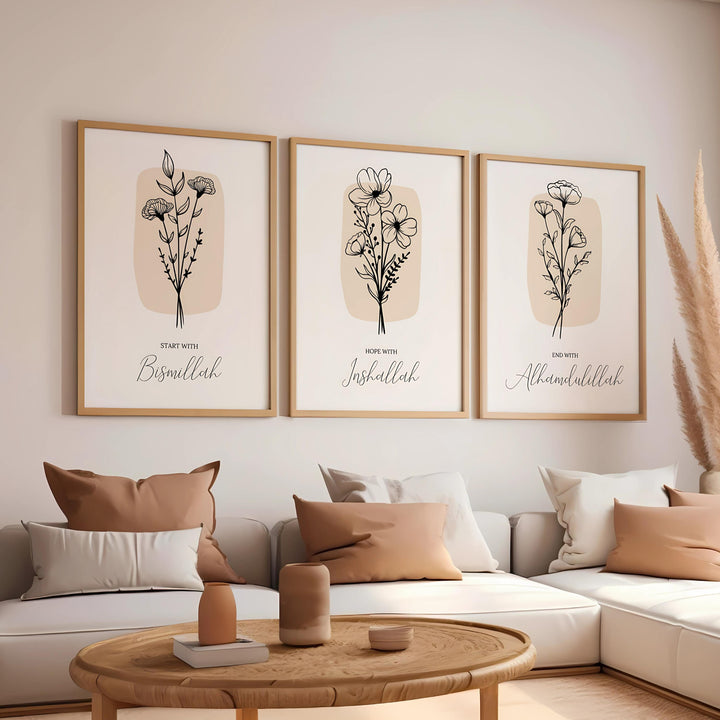 Islamic wall art triptych with floral motif and Bismillah Inshallah Alhamdulillah