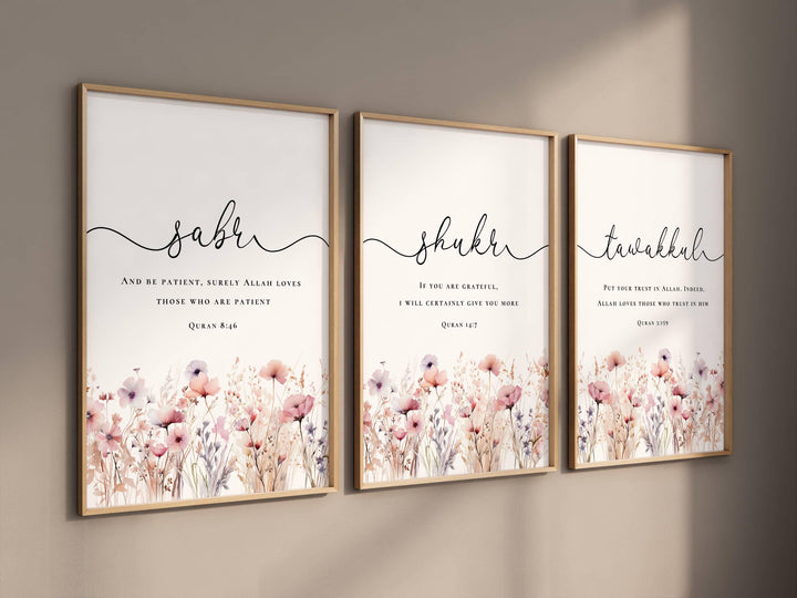 Three Islamic wall art prints with sabr shukr tawakkul and floral accents