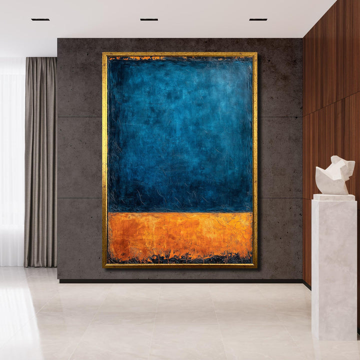 Minimalist living room wall decor in blue/orange palette