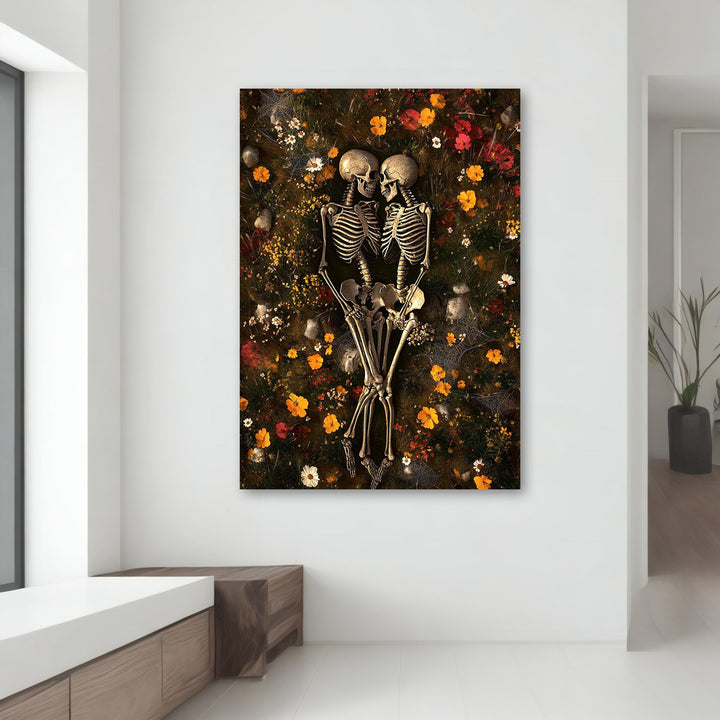 Valentine's themed skeleton wall art on canvas with dark floral palette