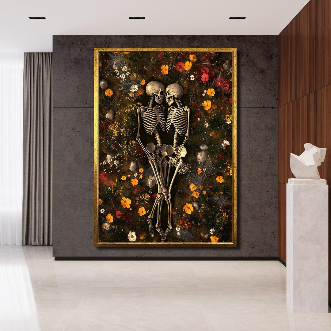 Gallery-wrapped canvas display of Eternal Love skeleton artwork ready to hang