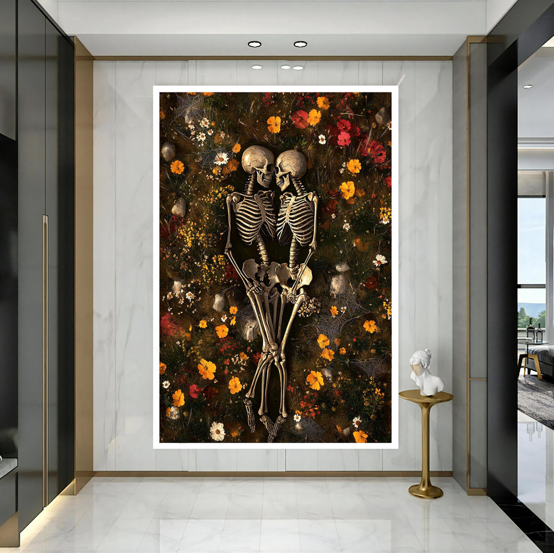 Romantic gothic canvas art featuring skeleton and roses for wall decor