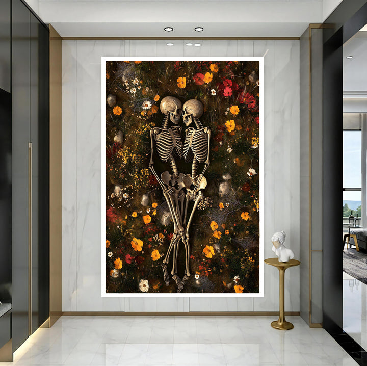 Romantic gothic canvas art featuring skeleton and roses for wall decor