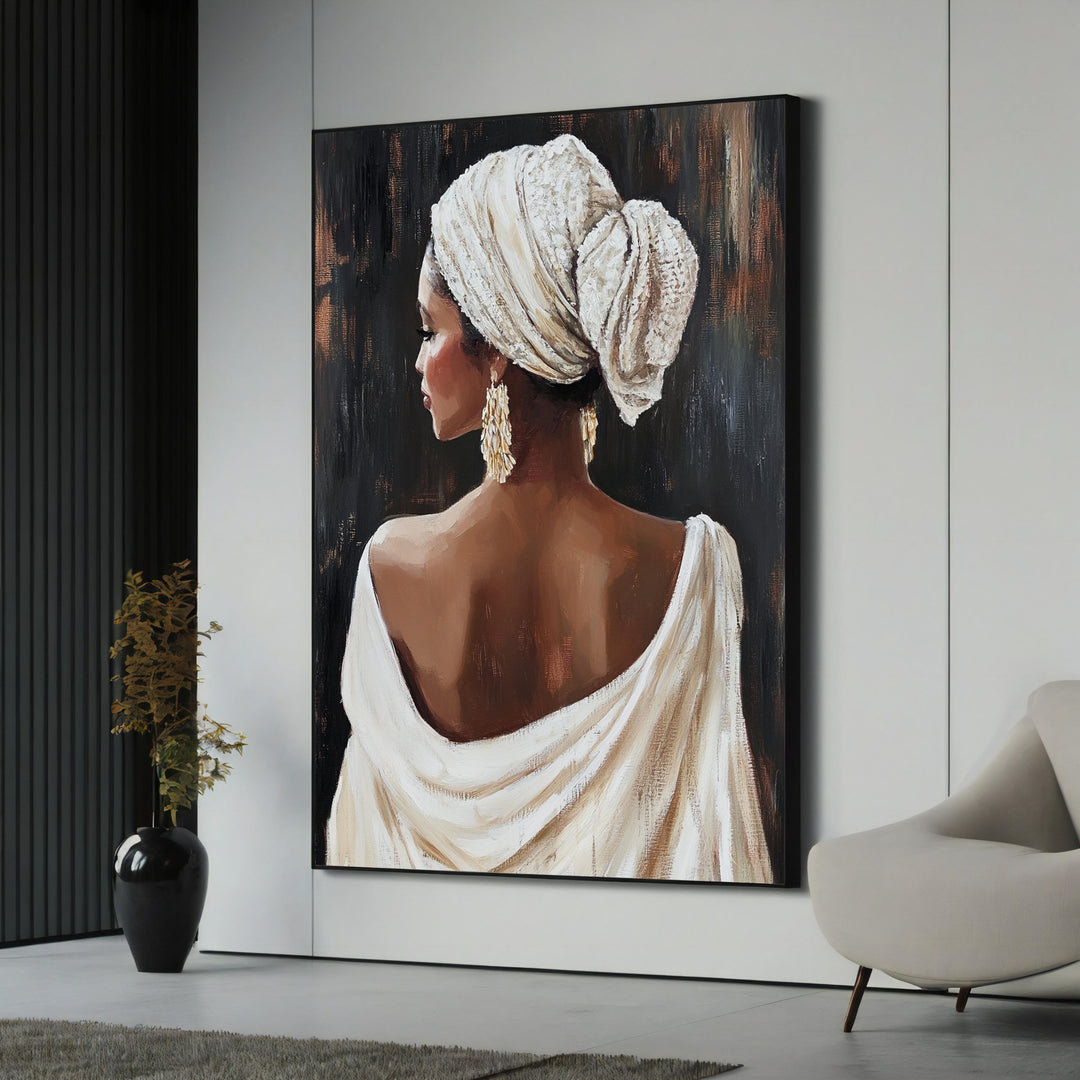 Elegant African woman canvas painting framed for hanging in a modern living room