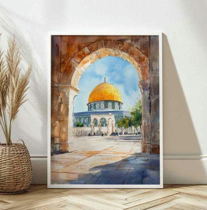 Dome of the Rock watercolor archway wall art close-up