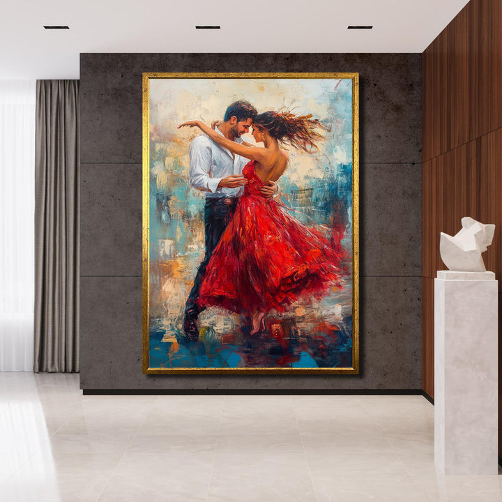 living room setup showcasing the passionate red dress couple wall art