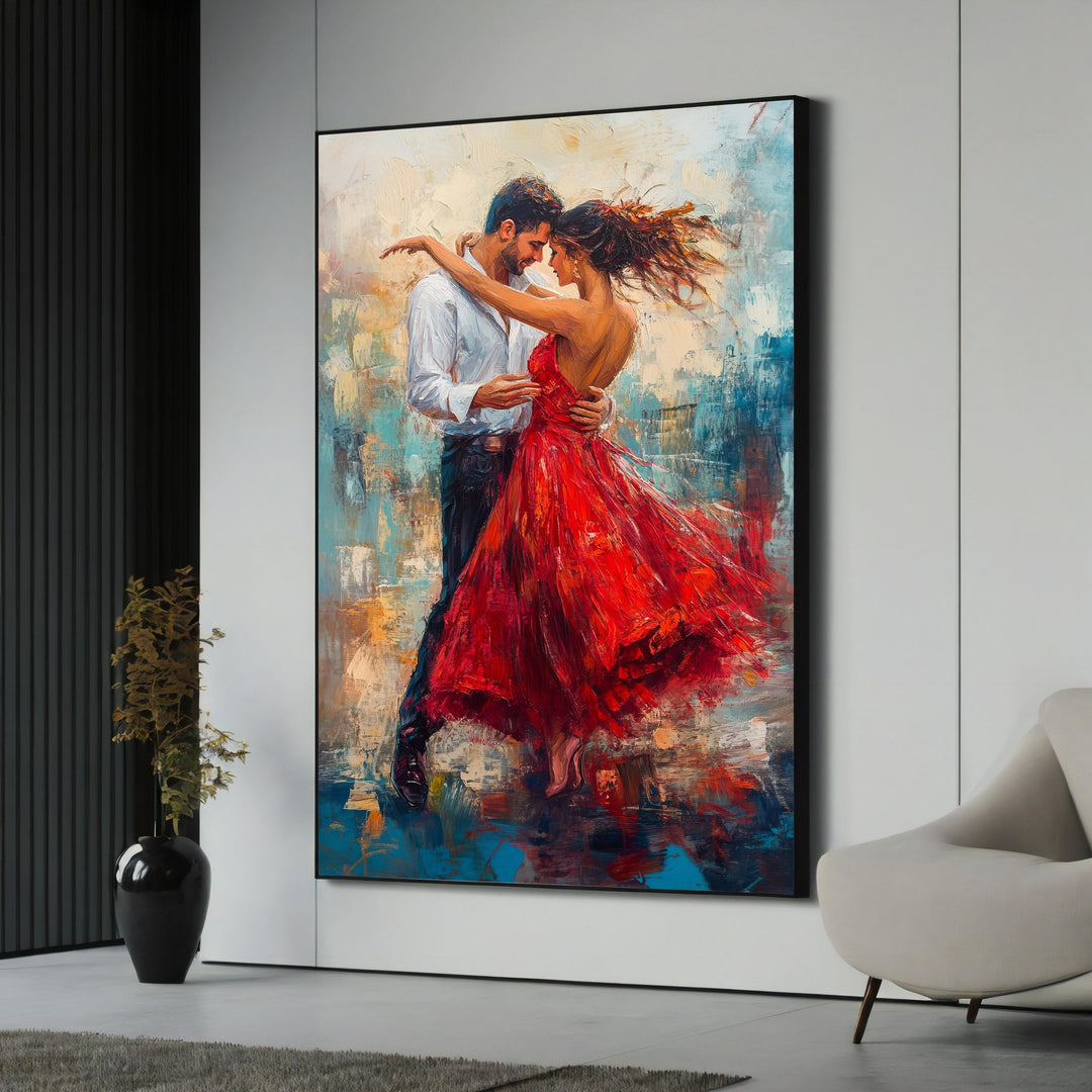 romantic couple dancing in a passionate red dress canvas wall art