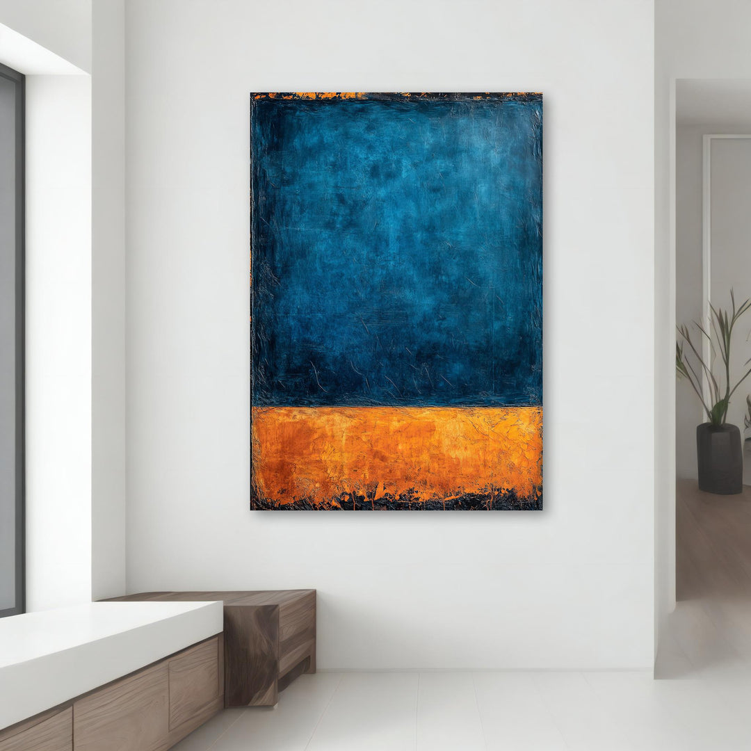 Ready-to-hang wall art with vivid blue and orange tones