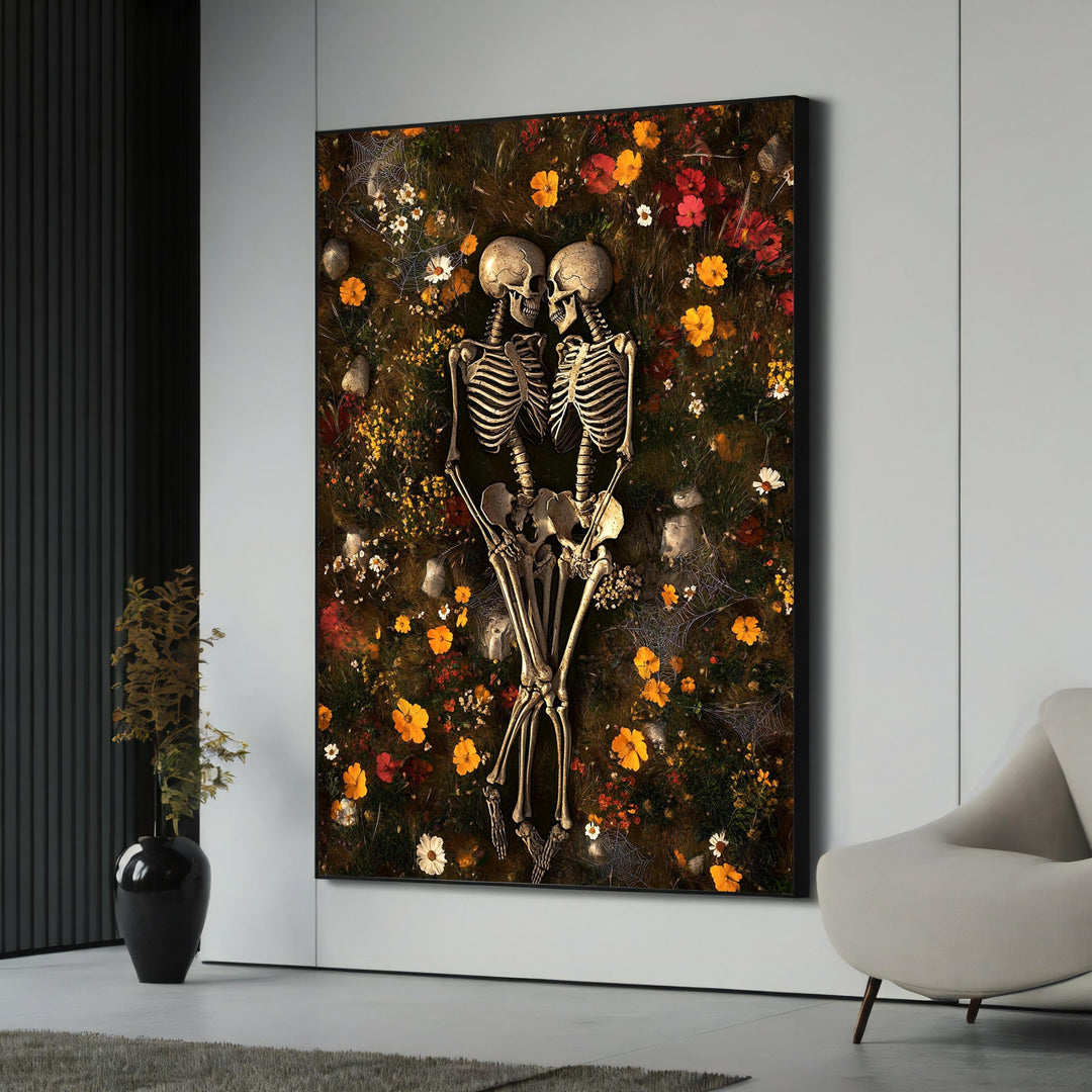 Eternal Love skeleton canvas painting with floral accents on premium canvas