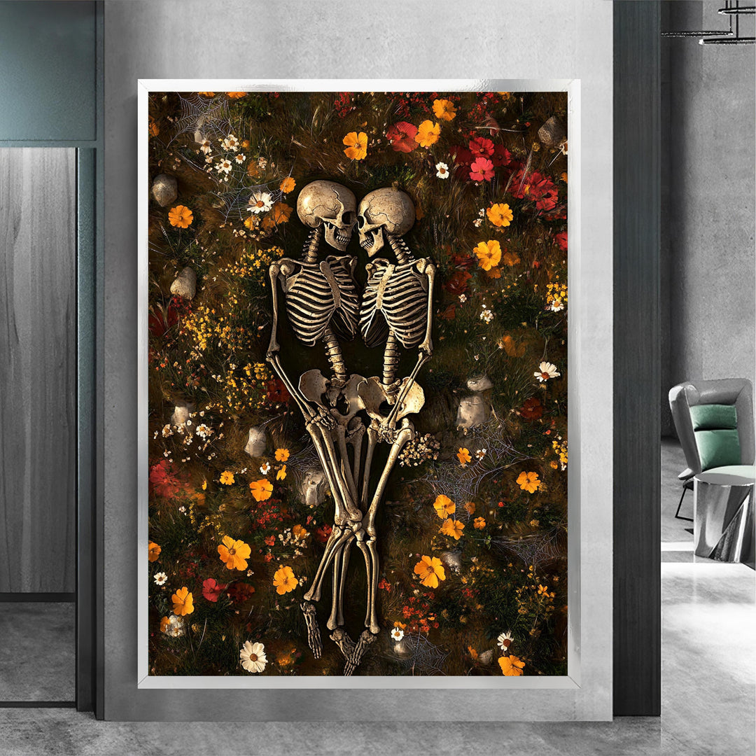Close-up of floral detailing and gothic skeleton motif on canvas