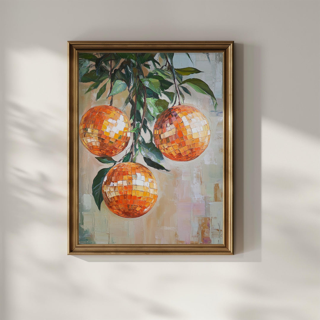 Close-up of disco ball oranges art print on premium matte poster paper with vibrant citrus tones