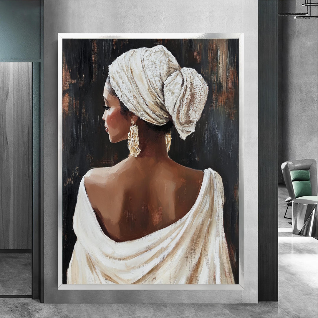Close-up of wood frame and textured canvas detail on the portrait