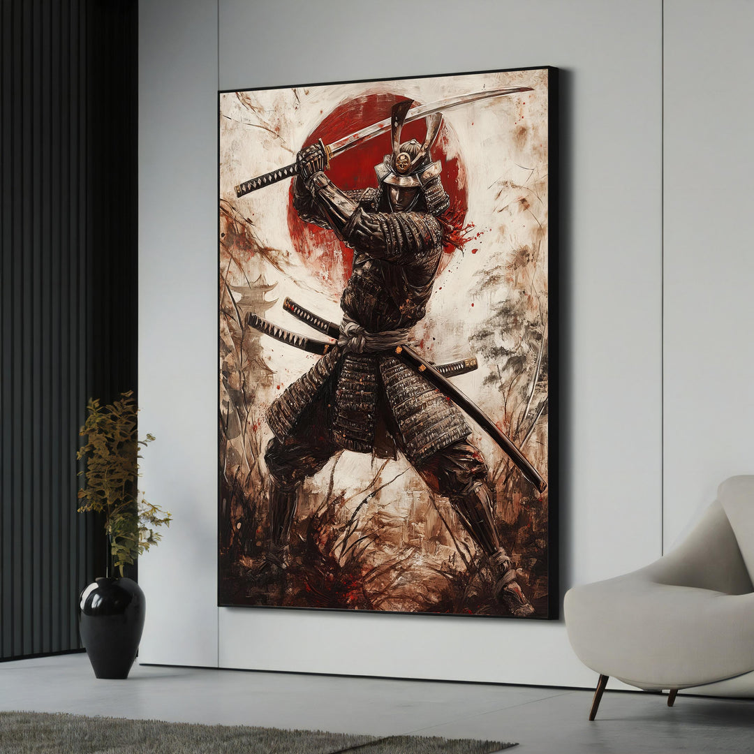 Epic Japanese Samurai canvas painting with feudal warrior motif on stretched canvas