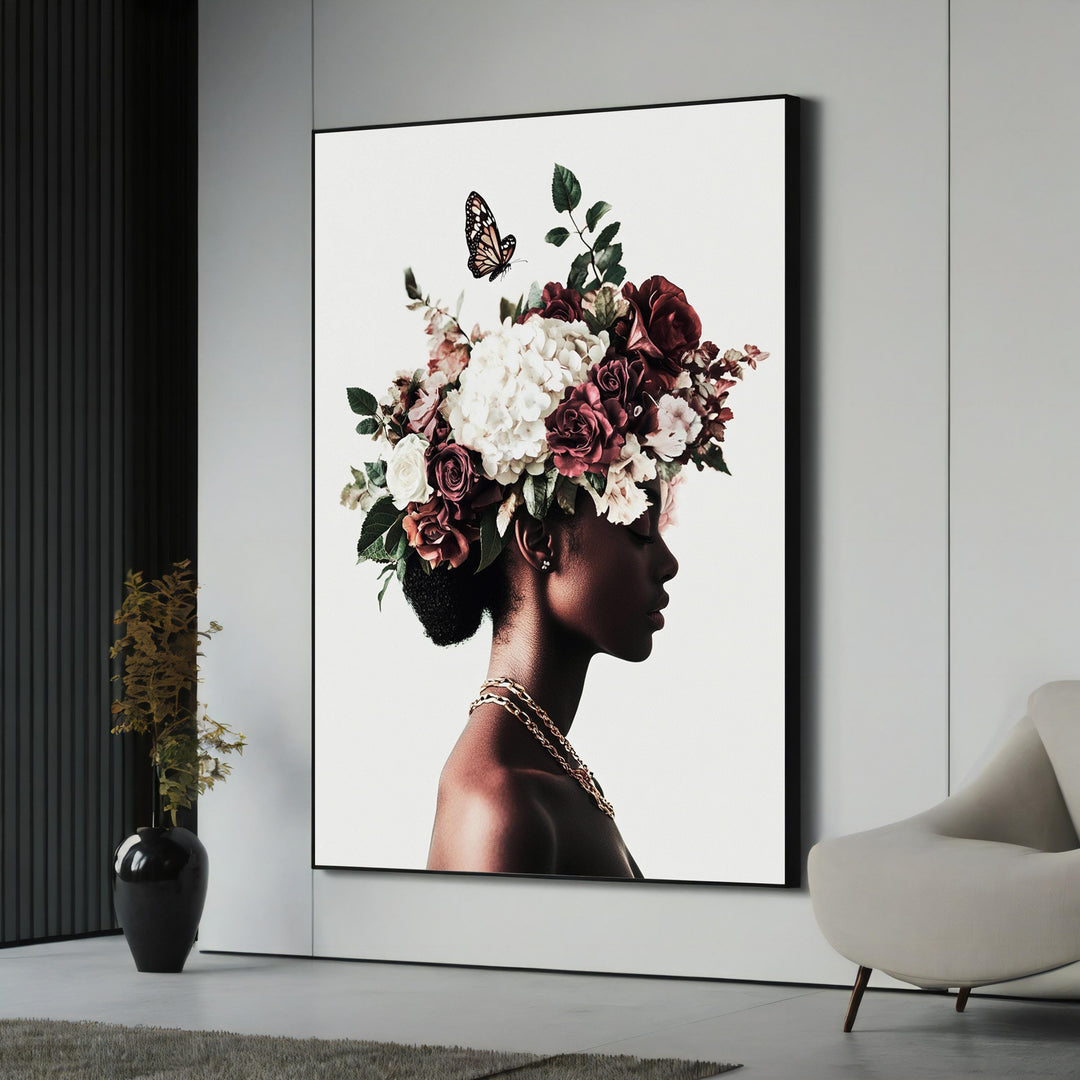 Black woman silhouette with floral crown canvas art close-up