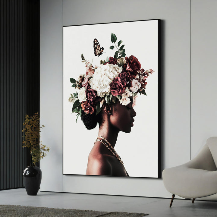 Black woman silhouette with floral crown canvas art close-up