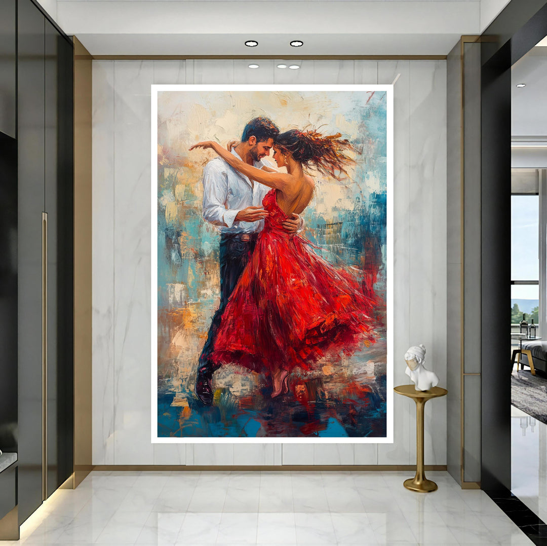 full view of the dancing couple canvas painting with warm tones