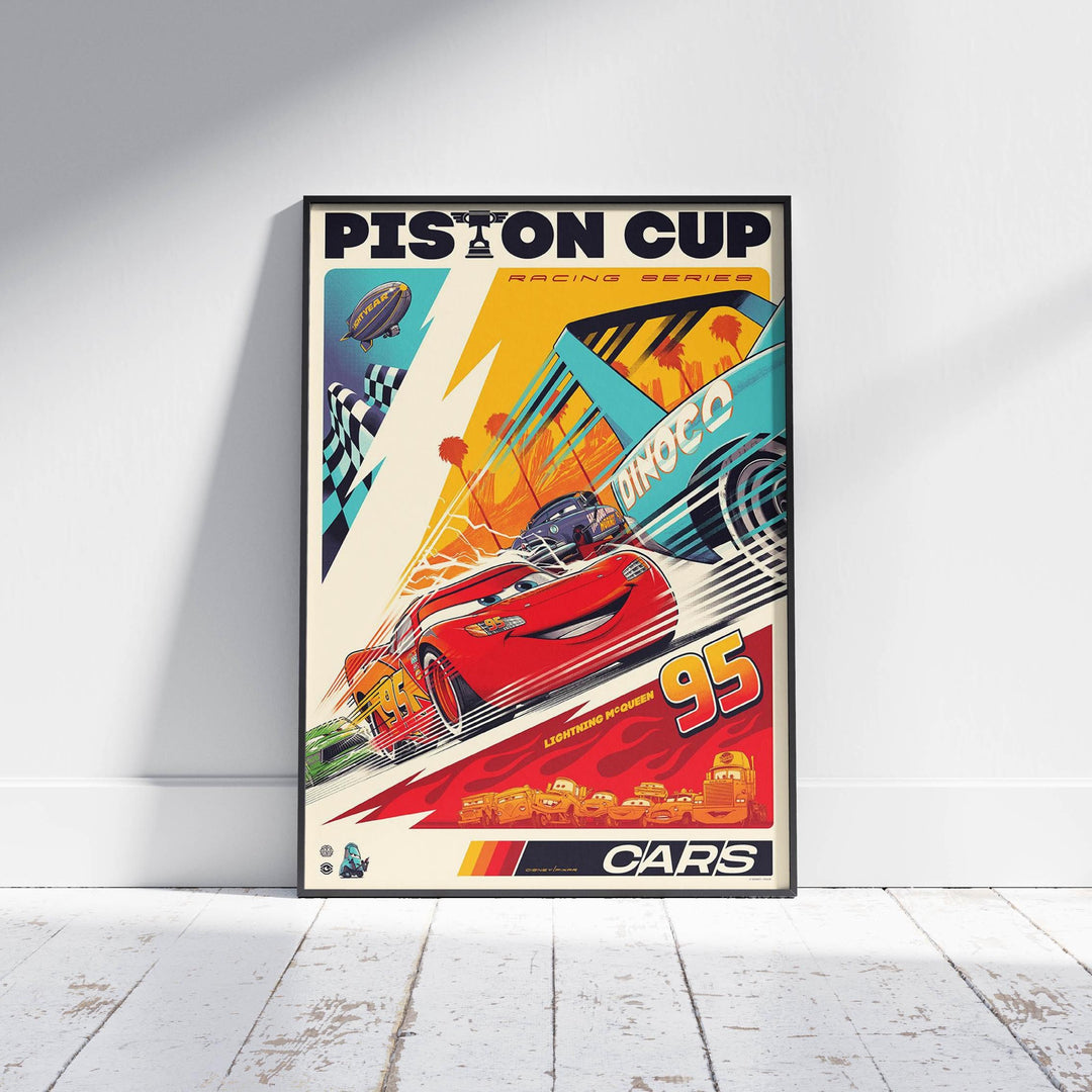 Colorful poster of a race car with 'Piston Cup' text on a white wall.