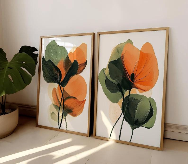 Abstract botanical art - two modern floral wall art prints for living room decor