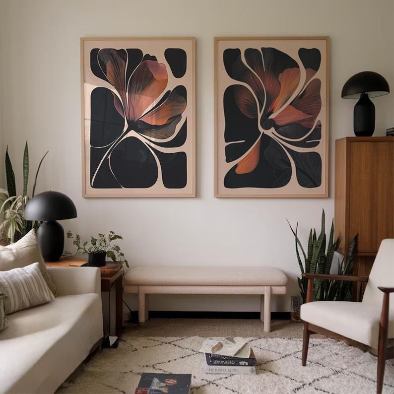 Close-up detail of floral shapes in the abstract botanical artwork