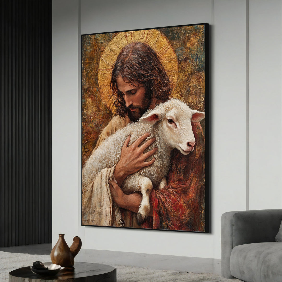Jesus Good Shepherd canvas painting with a lamb on a neutral backdrop