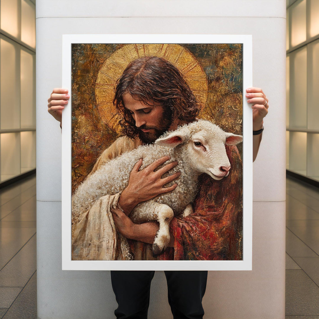 Full view of Christian wall art showing Jesus guiding a lamb for home decor
