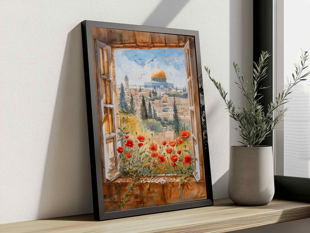 Dome of the Rock architectural motif with Palestinian floral accents in soft tones