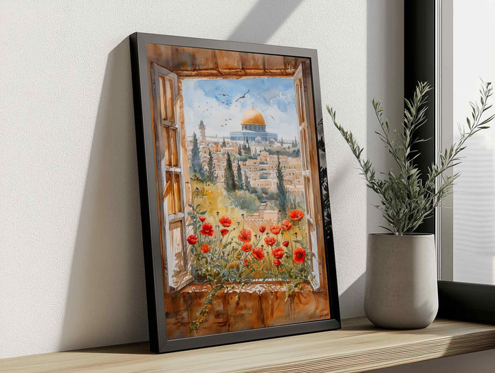 Dome of the Rock architectural motif with Palestinian floral accents in soft tones