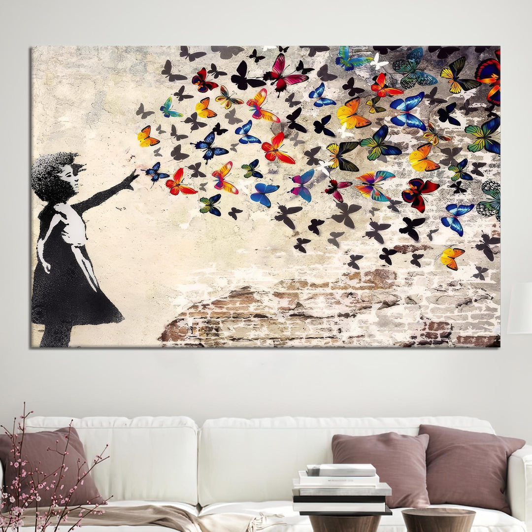 Butterfly Girl canvas wall art with graffiti style on white wall