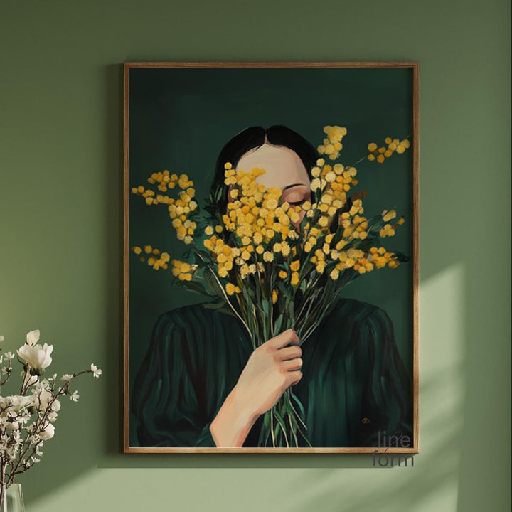 Emerald green woman portrait with mimosa flowers in minimalist Japandi style