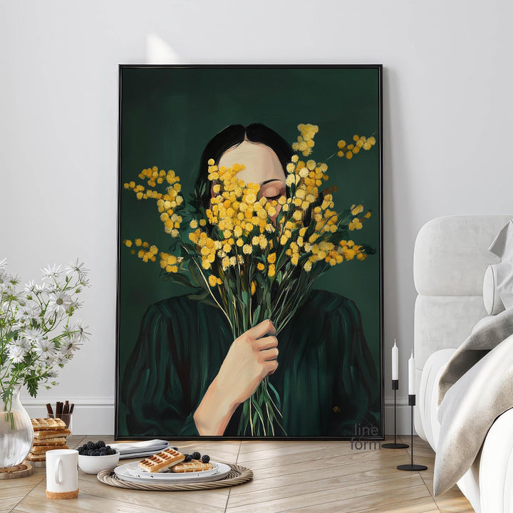 Japandi-inspired wall art featuring a woman portrait with mimosa