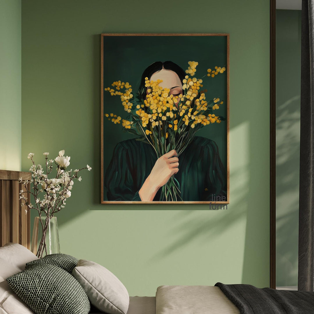 Soft, matte-finish art print with green hues and a delicate portrait