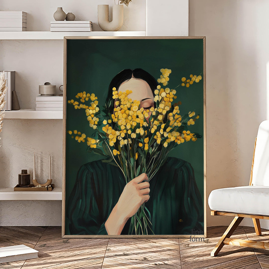 Close-up of emerald tones and mimosa blossoms on a premium art print