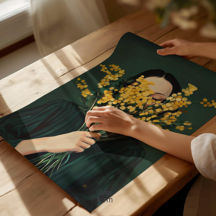 Gallery-ready print highlighting green palette and floral accents