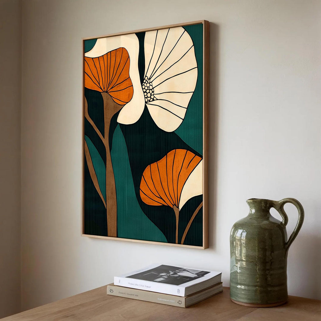 Mid-century inspired floral wall art displayed in a simple frame